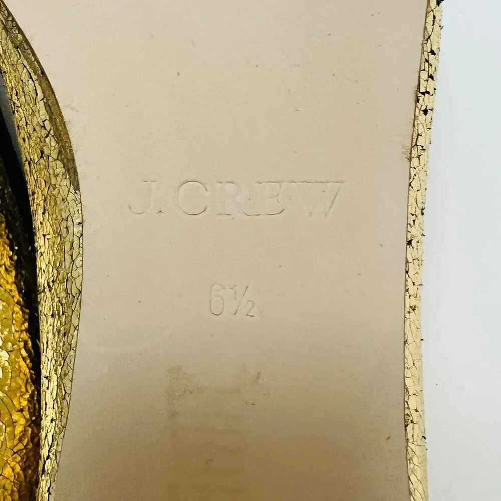 J. CREW Franklin Crackled Gold Leather Ballet Flats WIth Black Trim - US 6.5